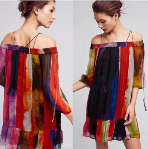 Anthropologie Floreat Off Shoulder Watercolor Sheer Lined Boho Dress S - Picture 2 of 8